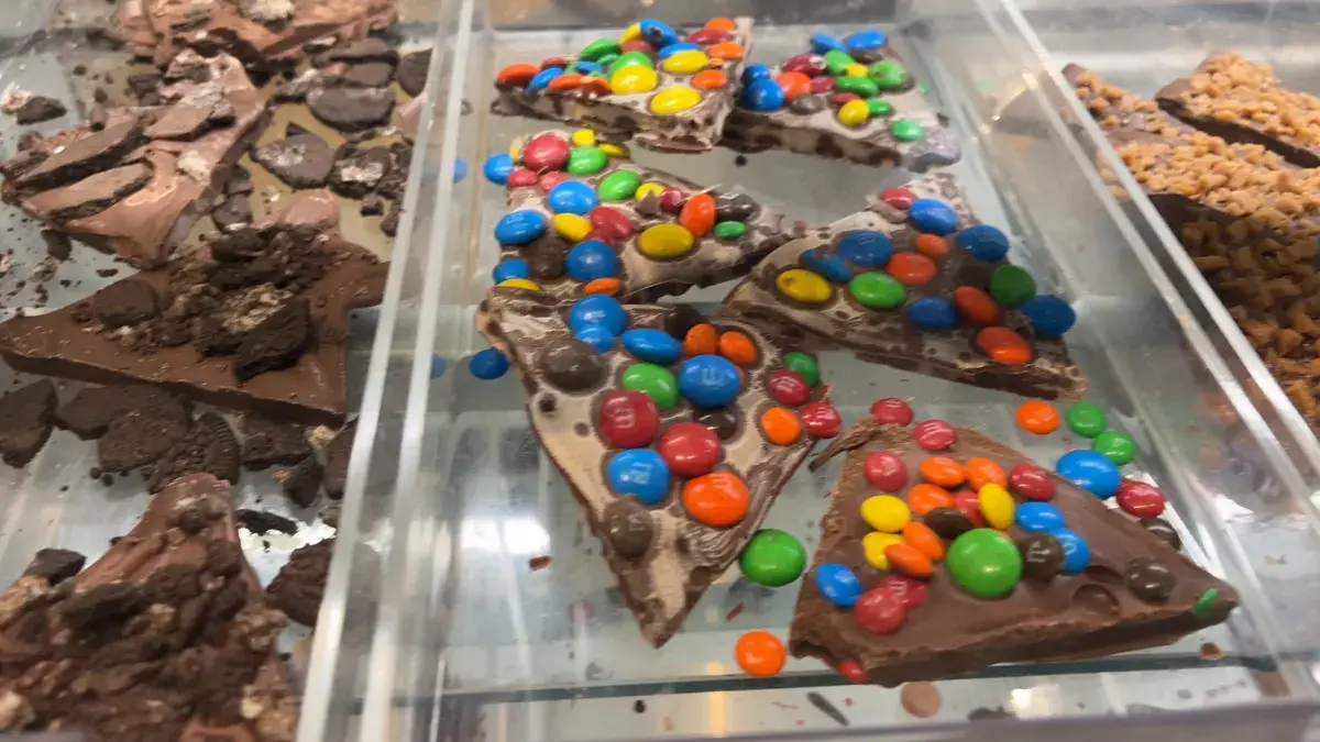 Chocolate bark topped with candies and pretzels in a display case