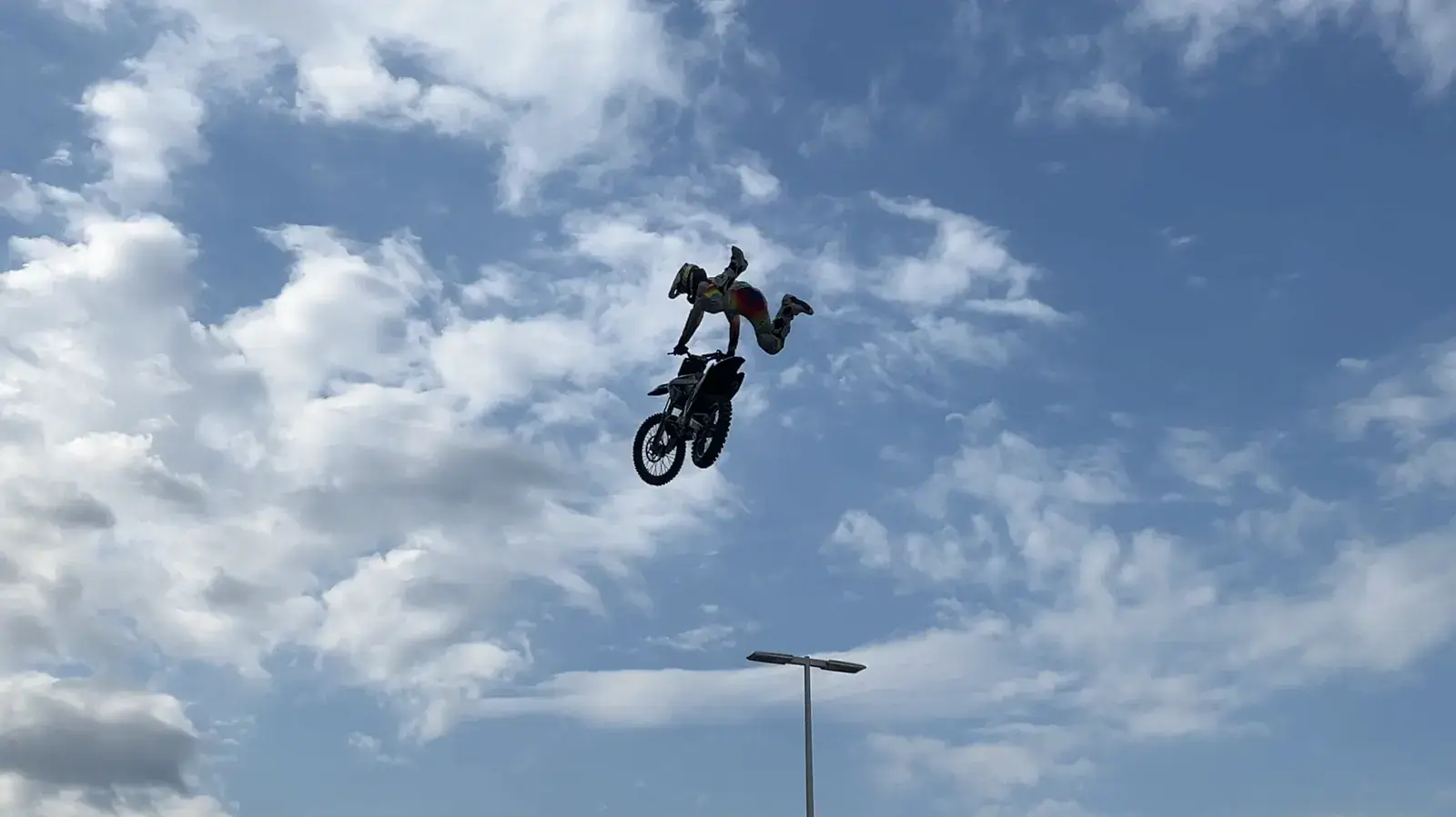 A BMX rider flipping high in the air against the sky