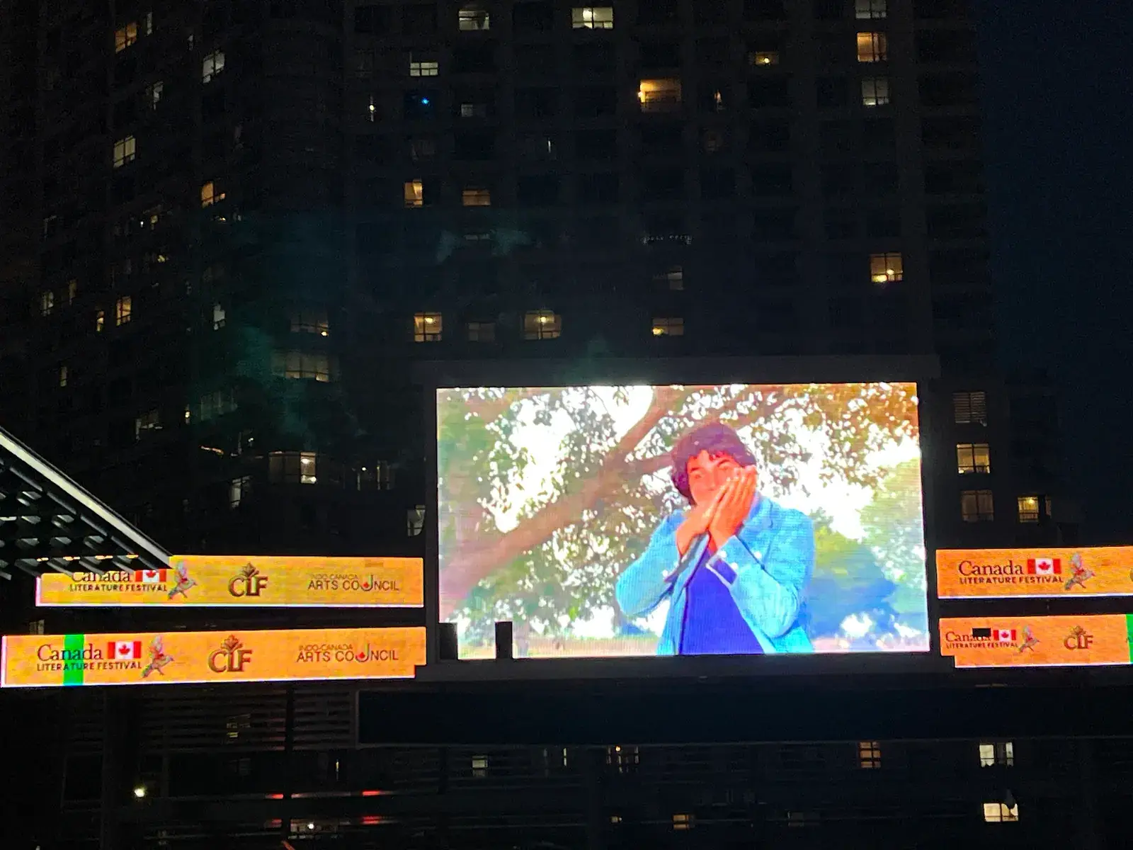 Sholay playing on the big screen at the Canada Literature Festival