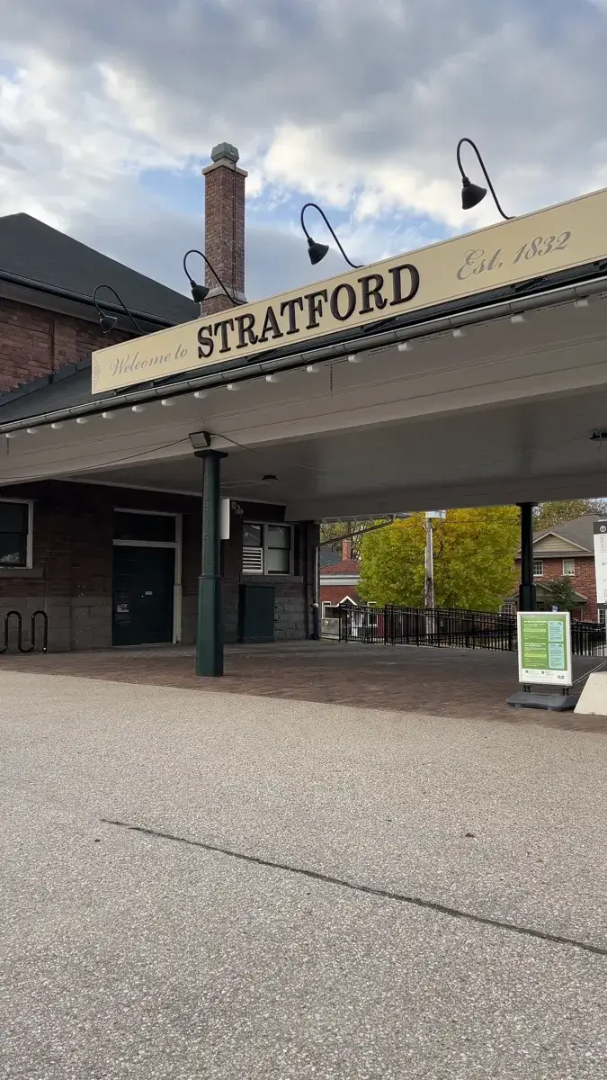 Stratford railway station platform with its Stratford sign